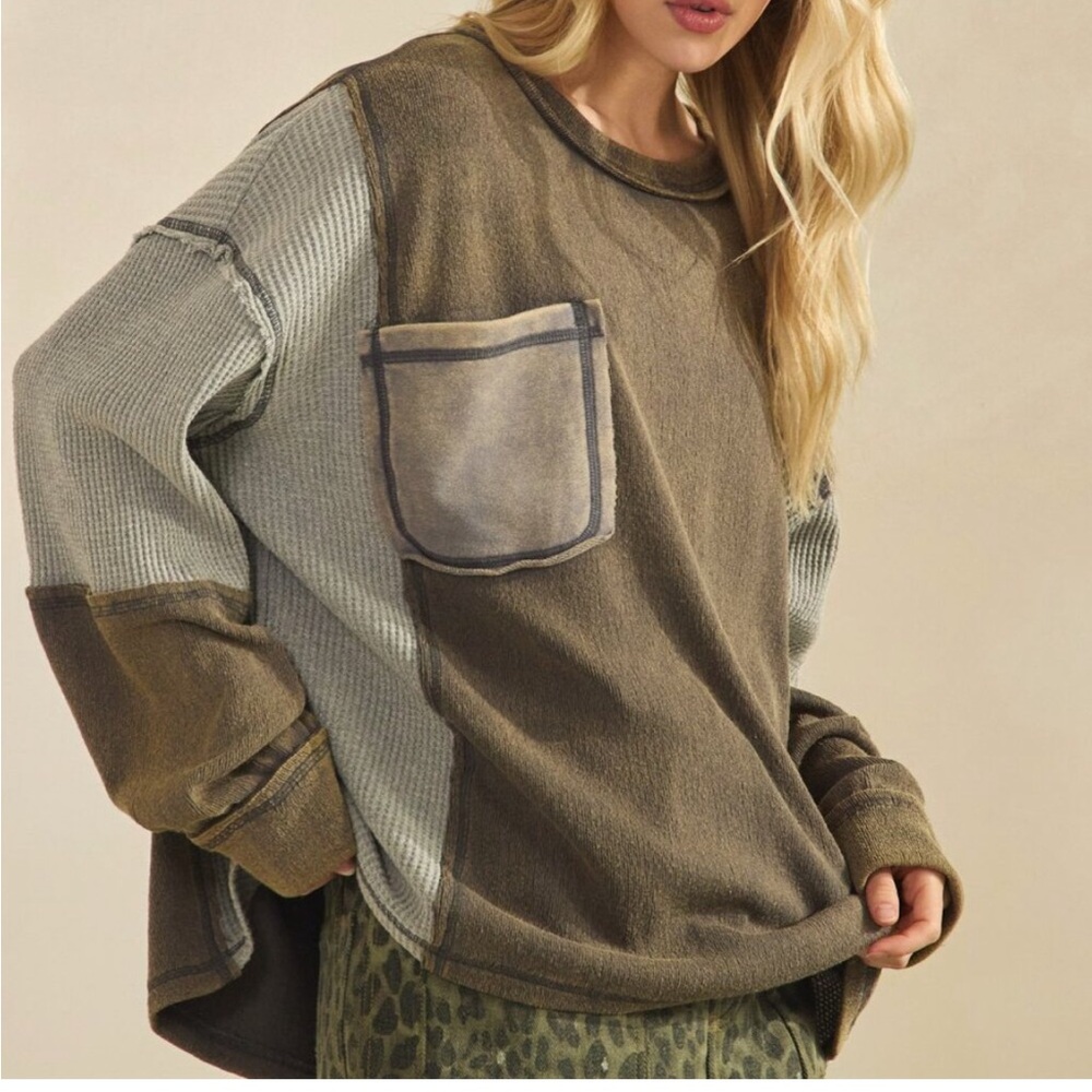 Sage + Fig Casual Patchwork Long Sleeve Top acid wash pocket sweatshirt - Picture 4 of 4